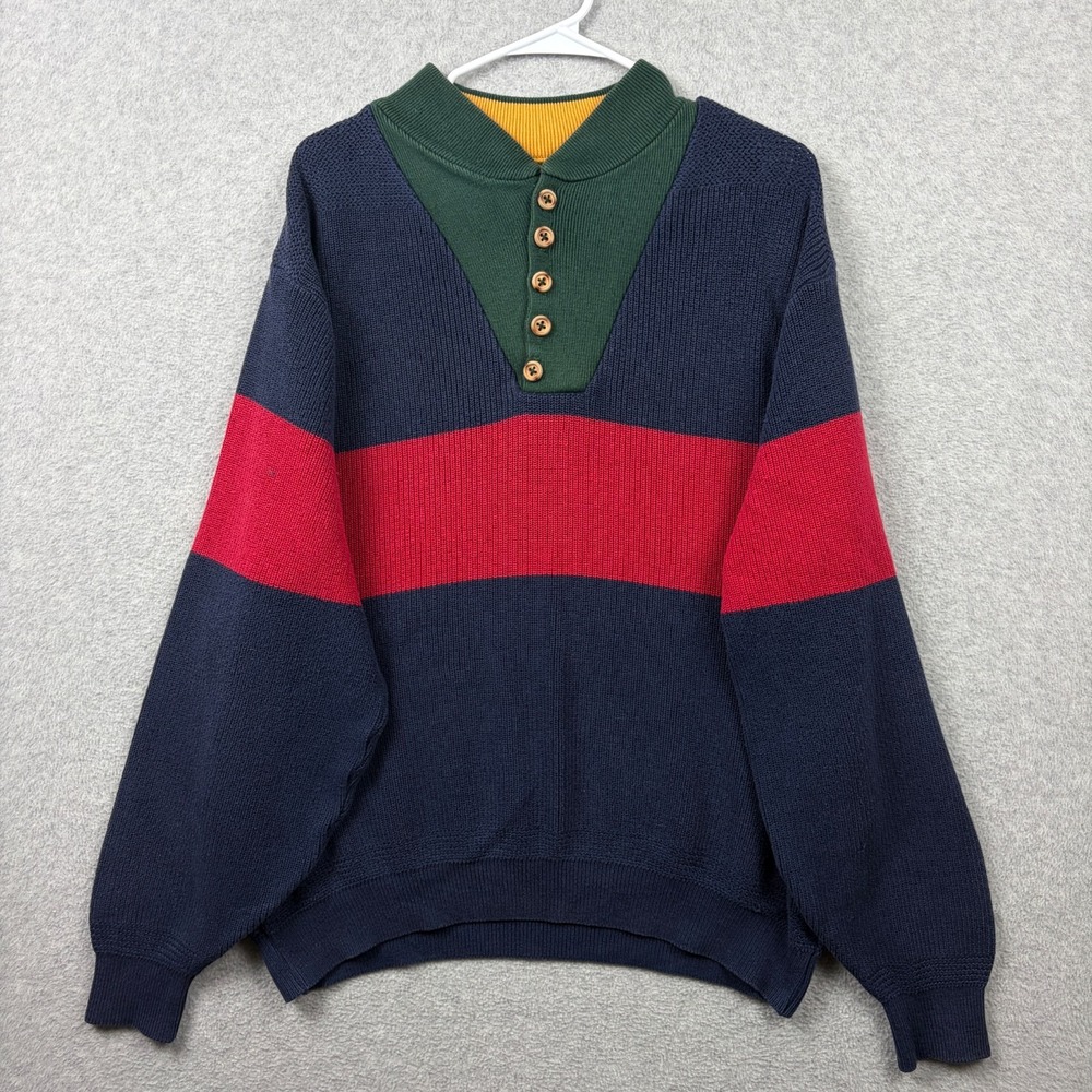 Vintage Lands End Sweater Mens XL Colorblock Knit Cotton Henley 90s USA MADE